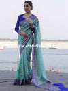 Banarasee Handwoven Semi-Chiffon Saree With Zari Buta & Contrast Border-Blue