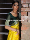Banarasee Handwoven Semi-Chiffon Saree With Zari Buta & Contrast Border-Yellow & Green