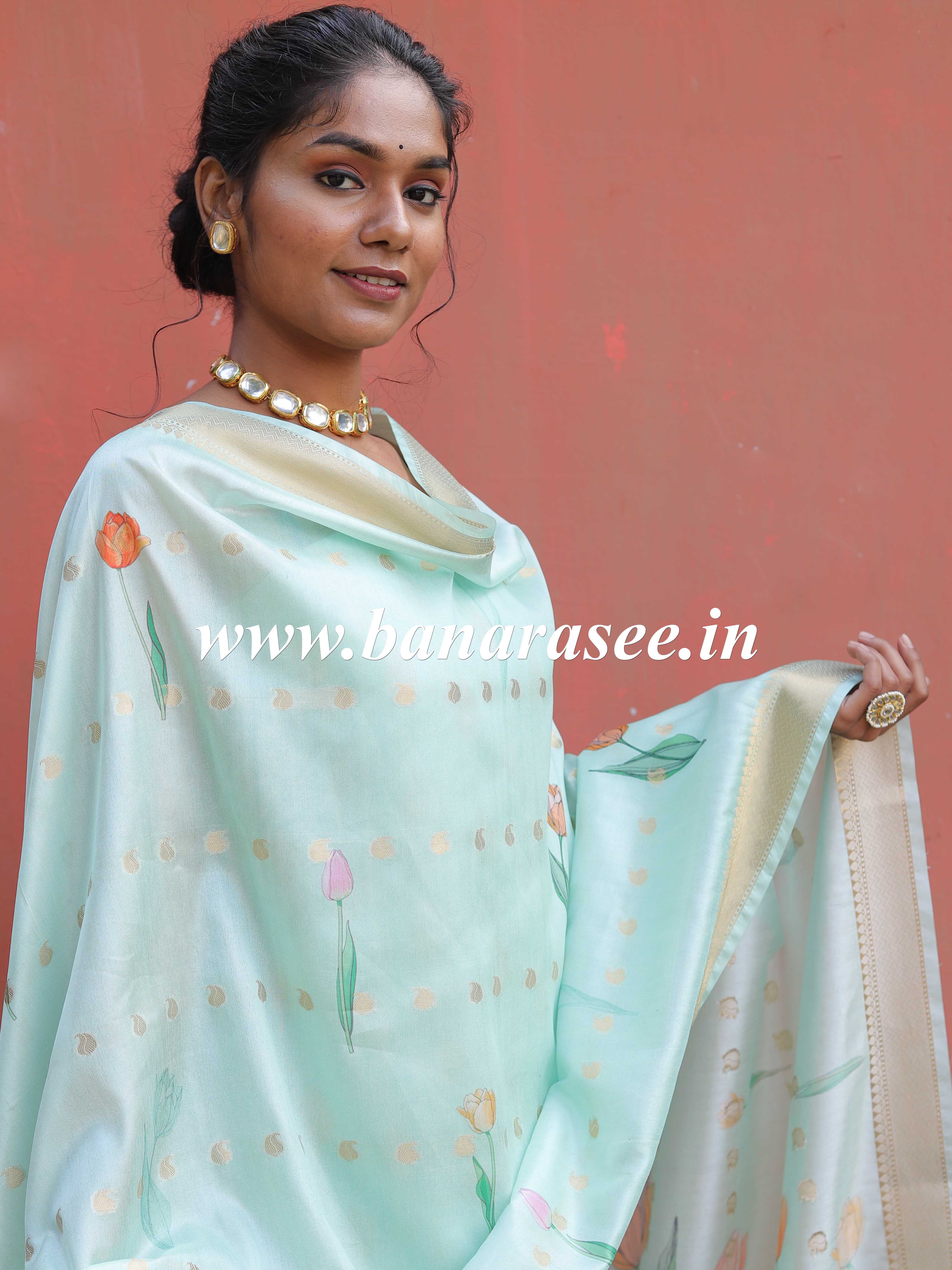 Banarasee Glossy Semi Silk Zari Work Salwar Kameez Set With Hand-Painted Dupatta-Green