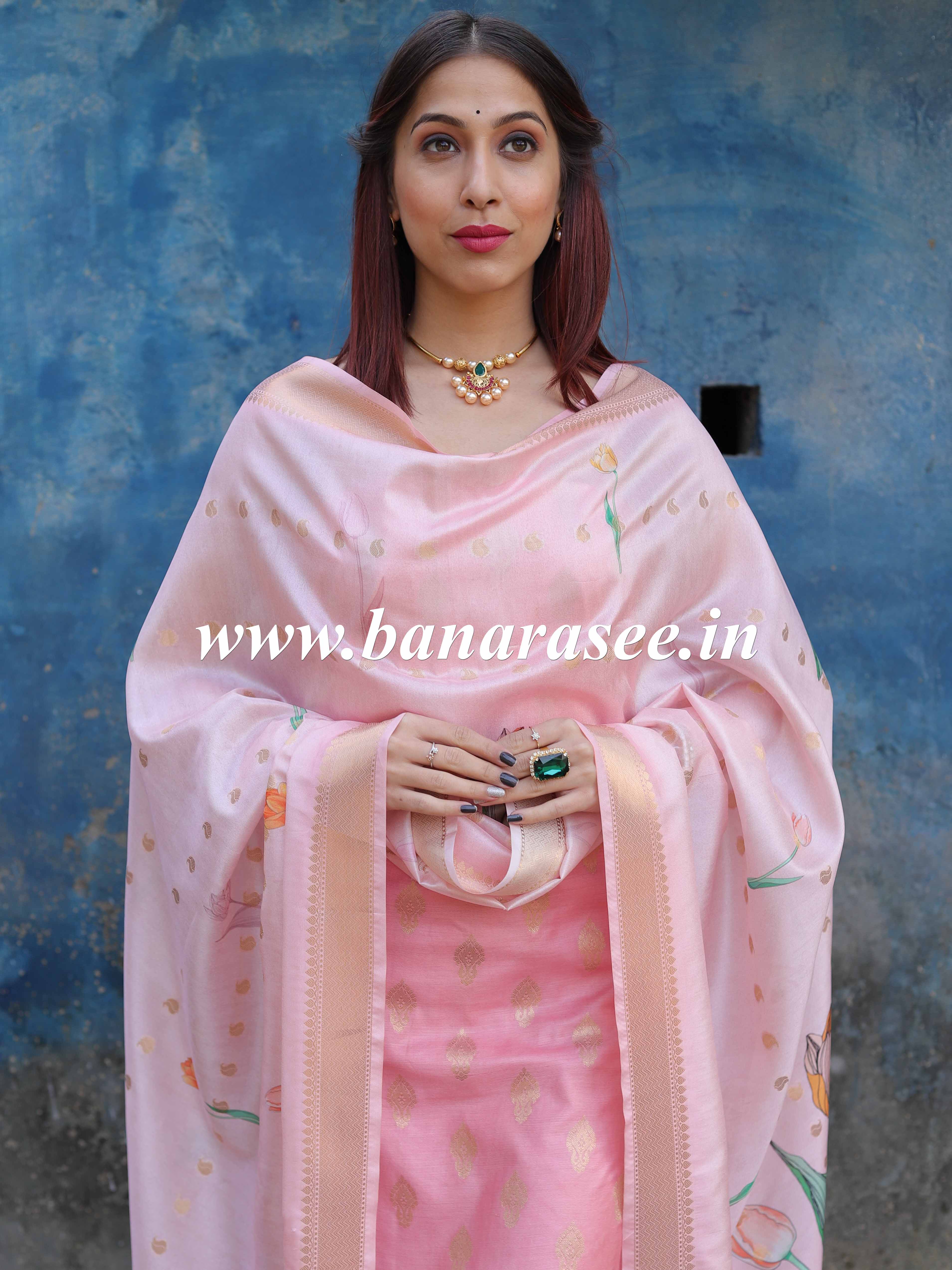 Banarasee Glossy Semi Silk Zari Work Salwar Kameez Set With Hand-Painted Dupatta-Pink