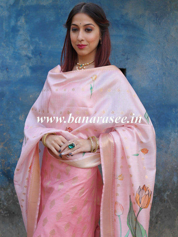 Banarasee Glossy Semi Silk Zari Work Salwar Kameez Set With Hand-Painted Dupatta-Pink