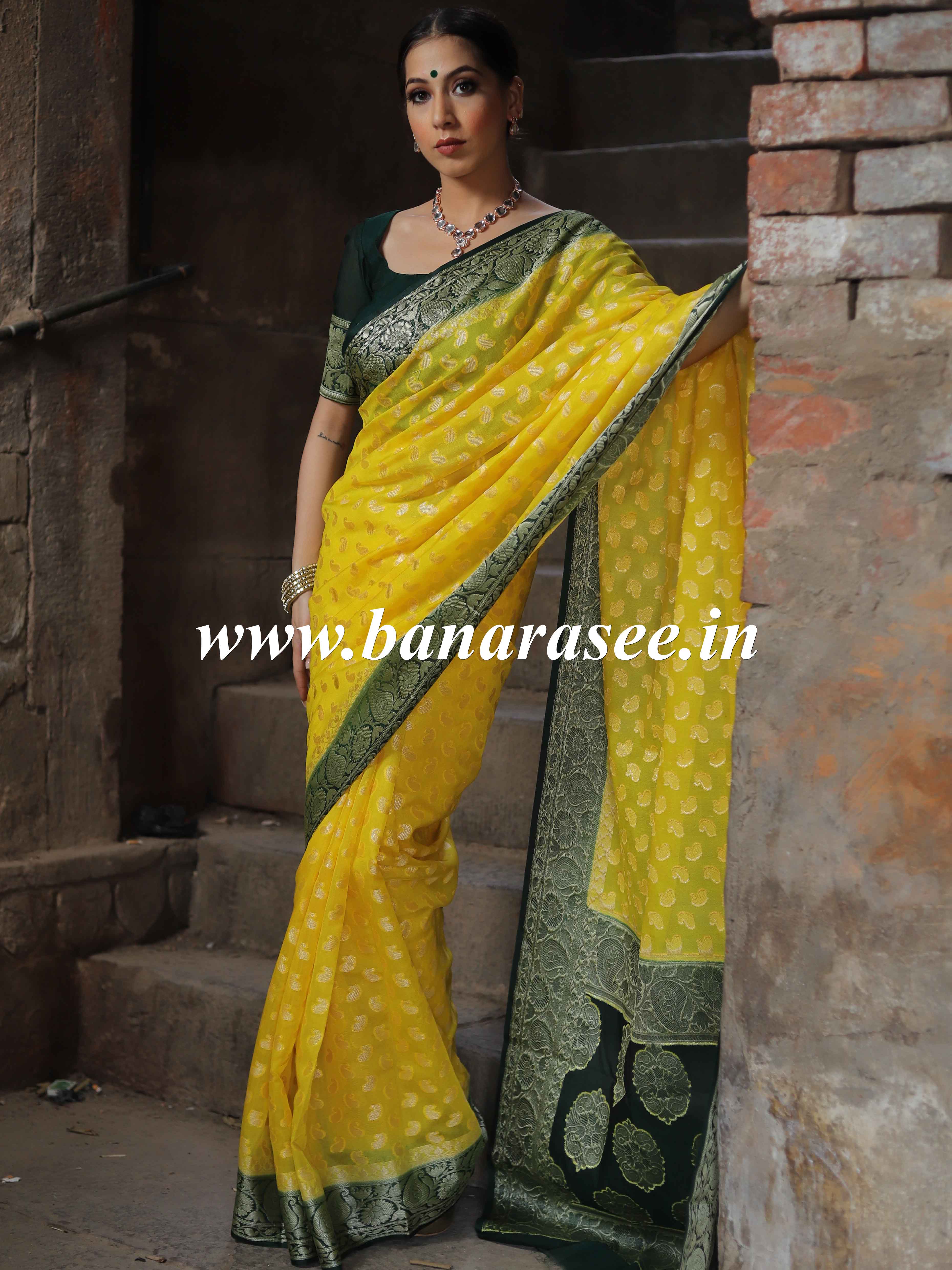 Banarasee Handwoven Semi-Chiffon Saree With Zari Buta & Contrast Border-Yellow & Green
