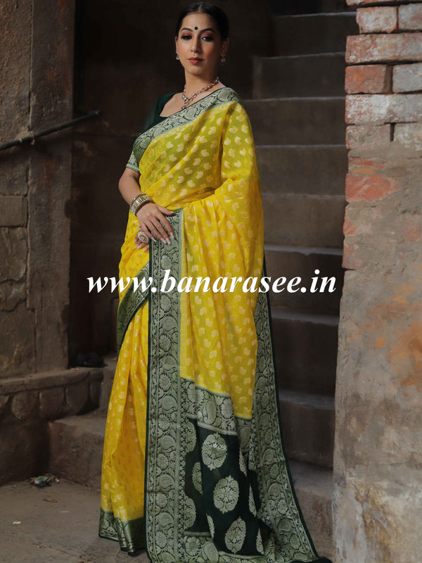Banarasee Handwoven Semi-Chiffon Saree With Zari Buta & Contrast Border-Yellow & Green