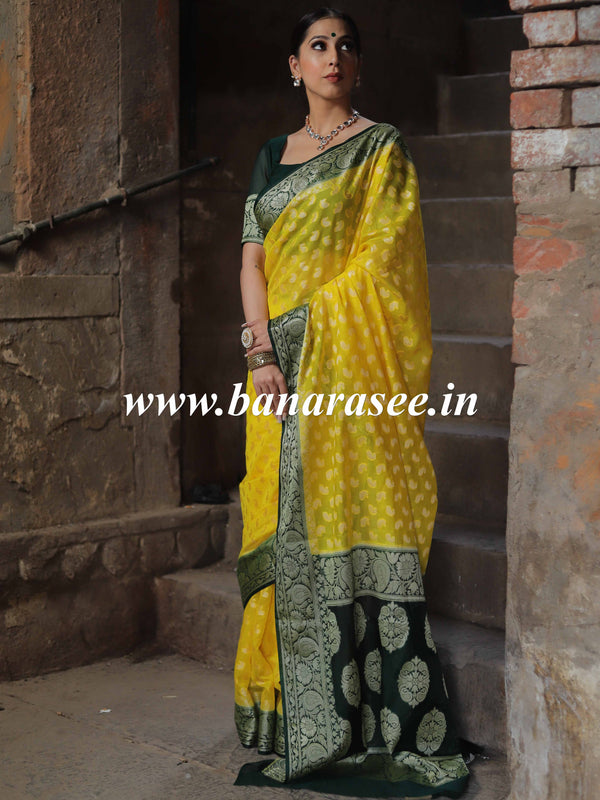 Banarasee Handwoven Semi-Chiffon Saree With Zari Buta & Contrast Border-Yellow & Green