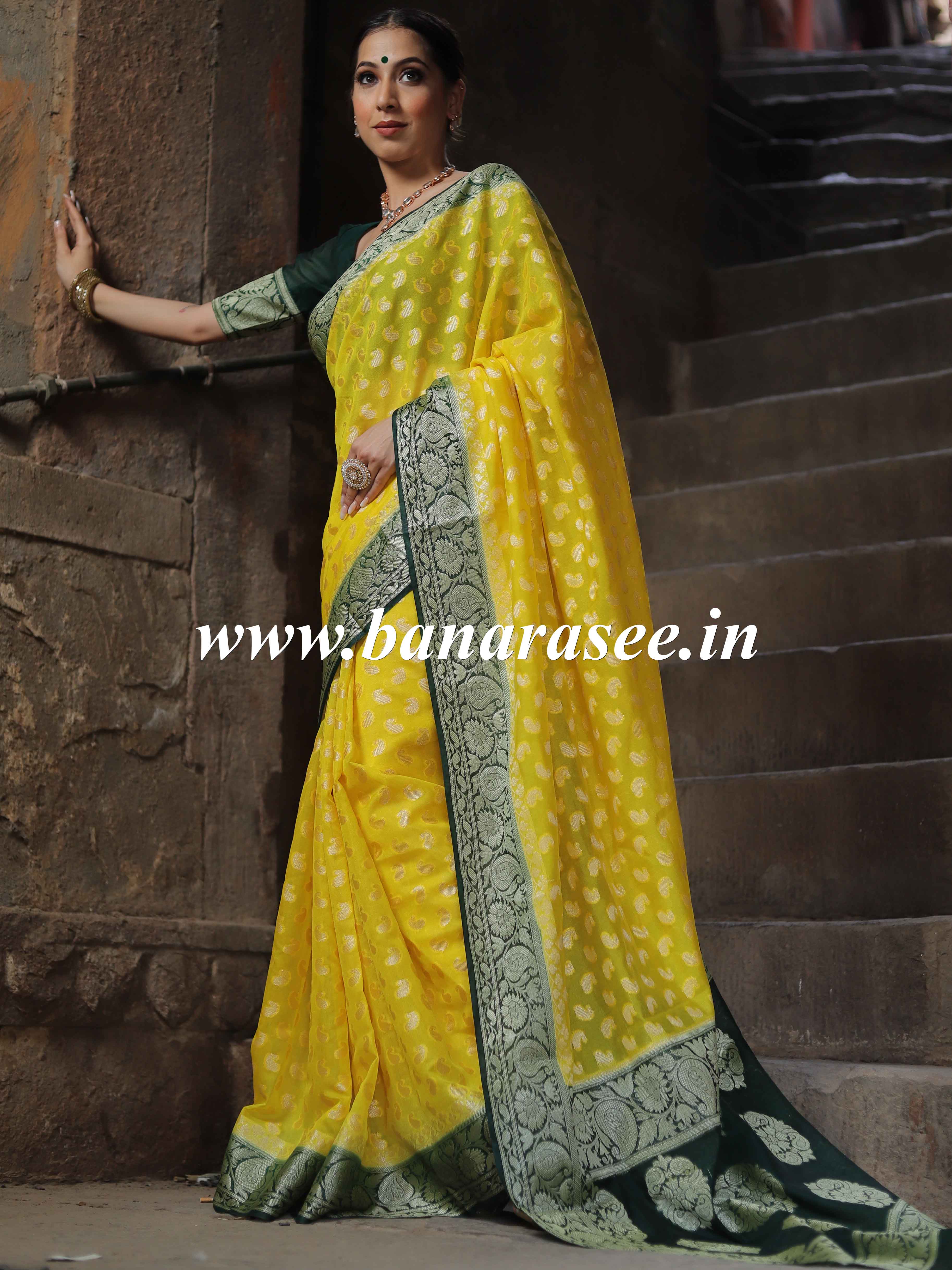 Banarasee Handwoven Semi-Chiffon Saree With Zari Buta & Contrast Border-Yellow & Green