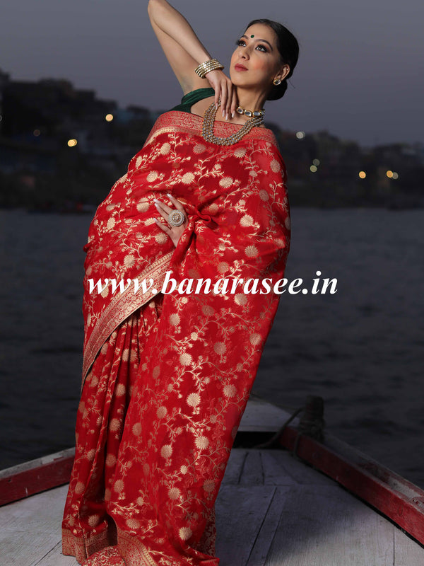 Banarasee Faux Khaddi Georgette Saree With Zari & Resham Work-Red