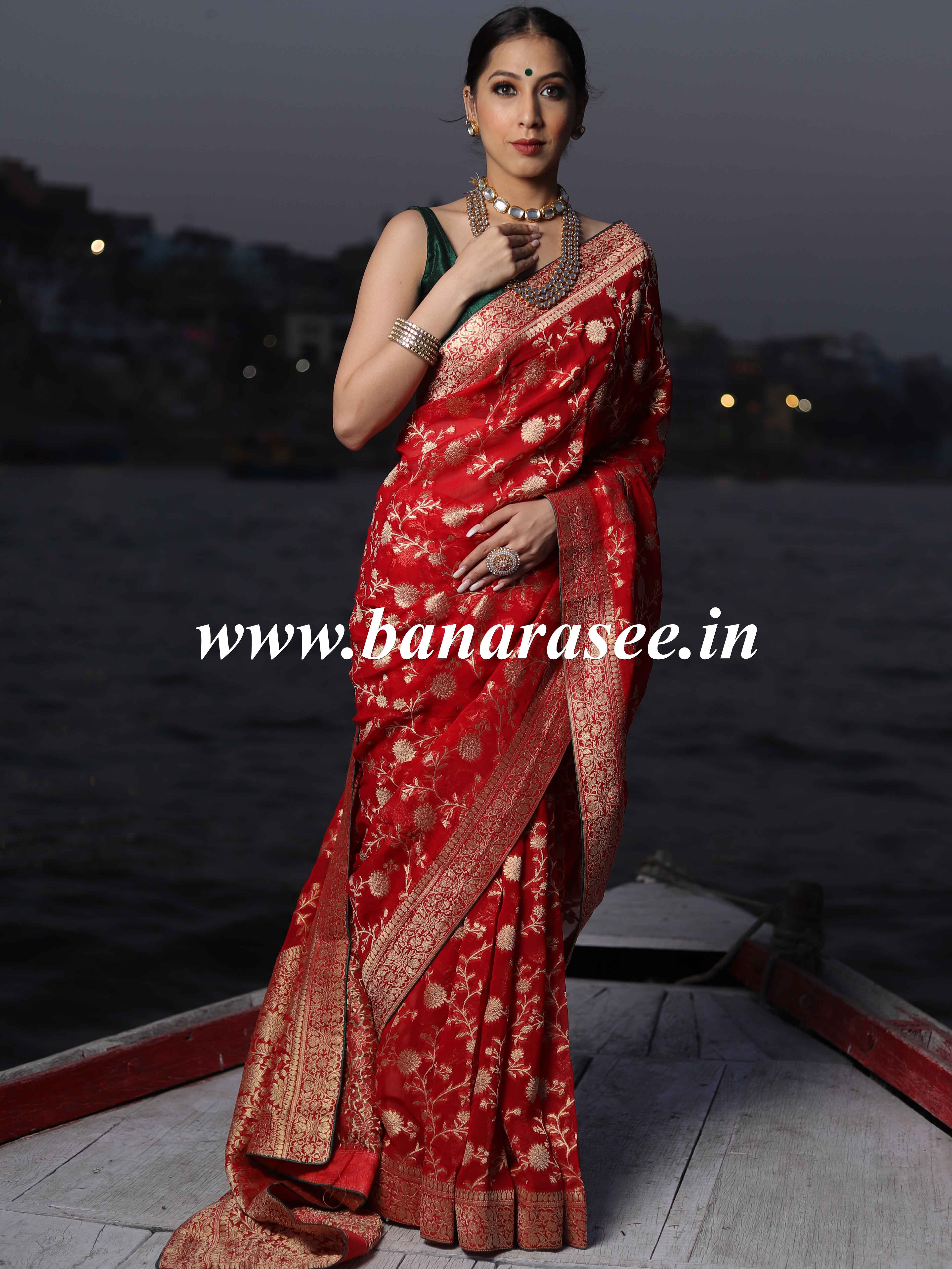 Banarasee Faux Khaddi Georgette Saree With Zari & Resham Work-Red