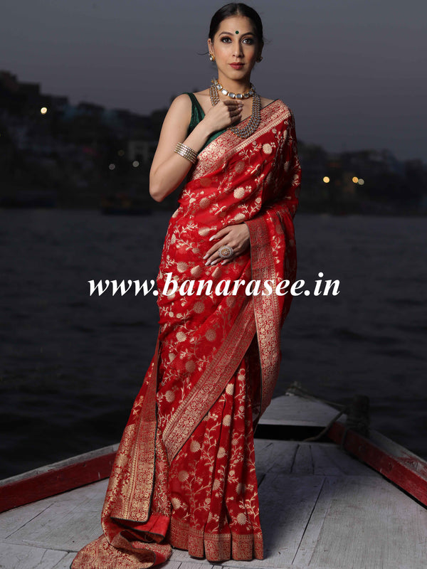 Banarasee Faux Khaddi Georgette Saree With Zari & Resham Work-Red