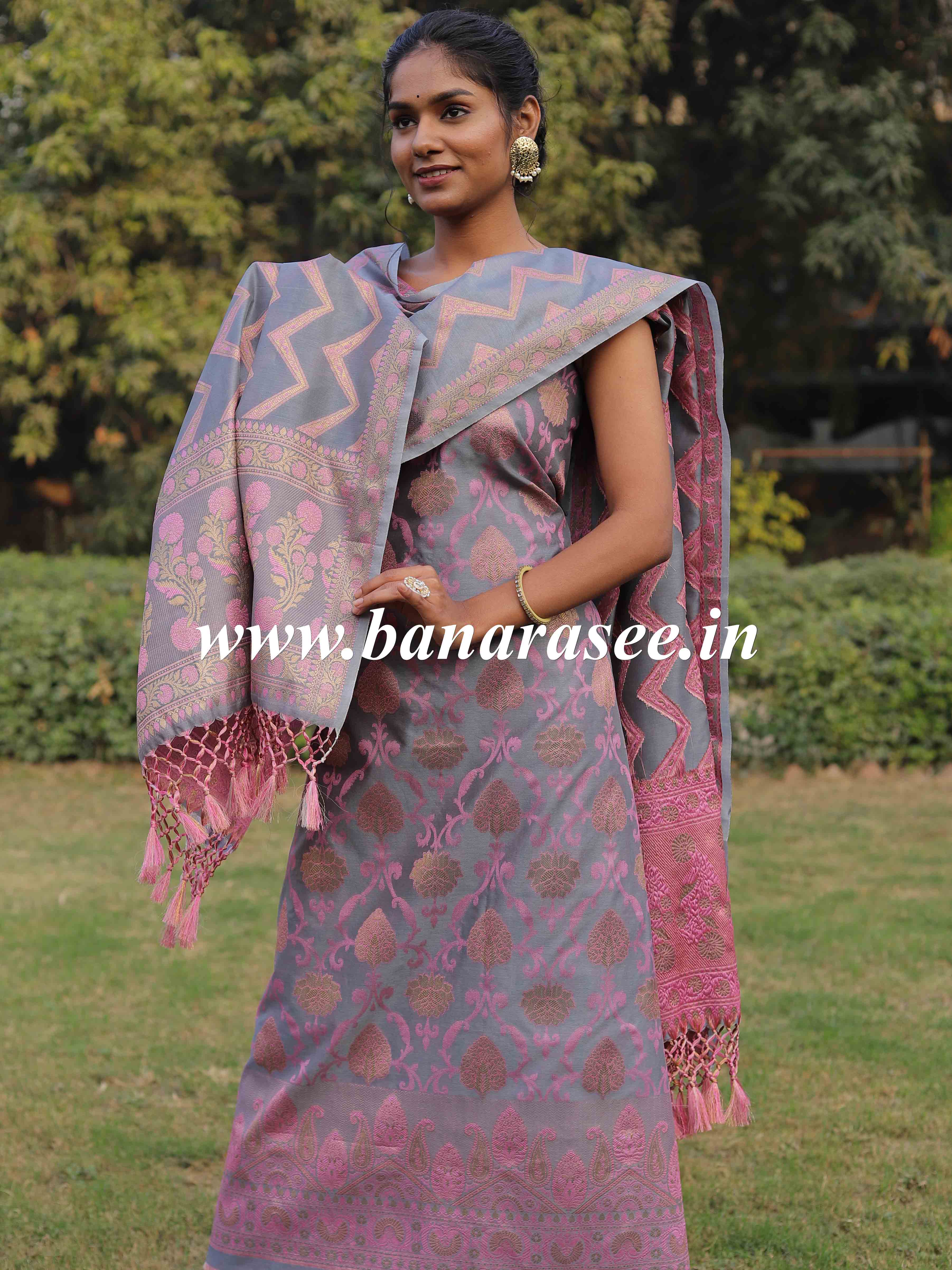 Banarasee Semi-Silk Salwar Kameez Fabric With Meena Design-Grey