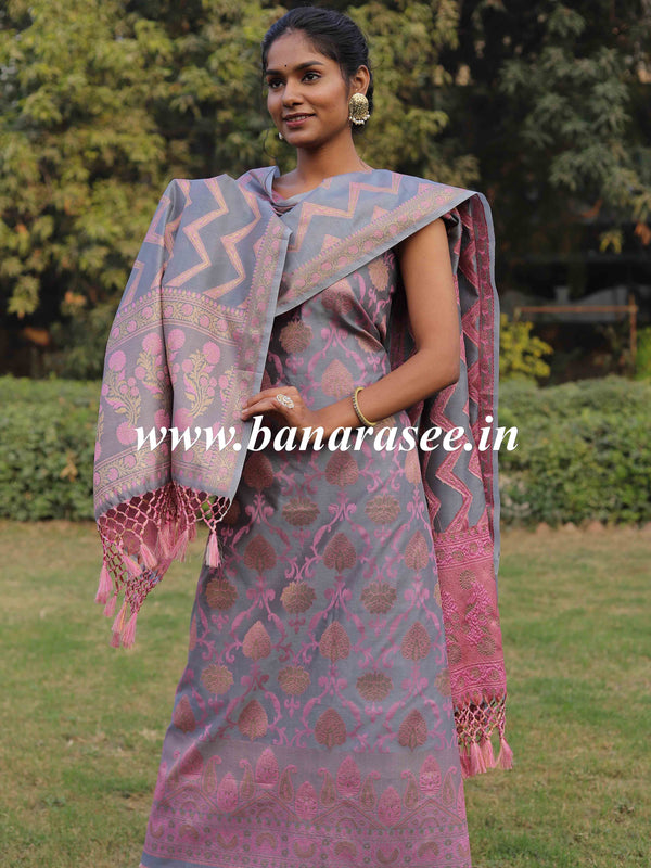 Banarasee Semi-Silk Salwar Kameez Fabric With Meena Design-Grey