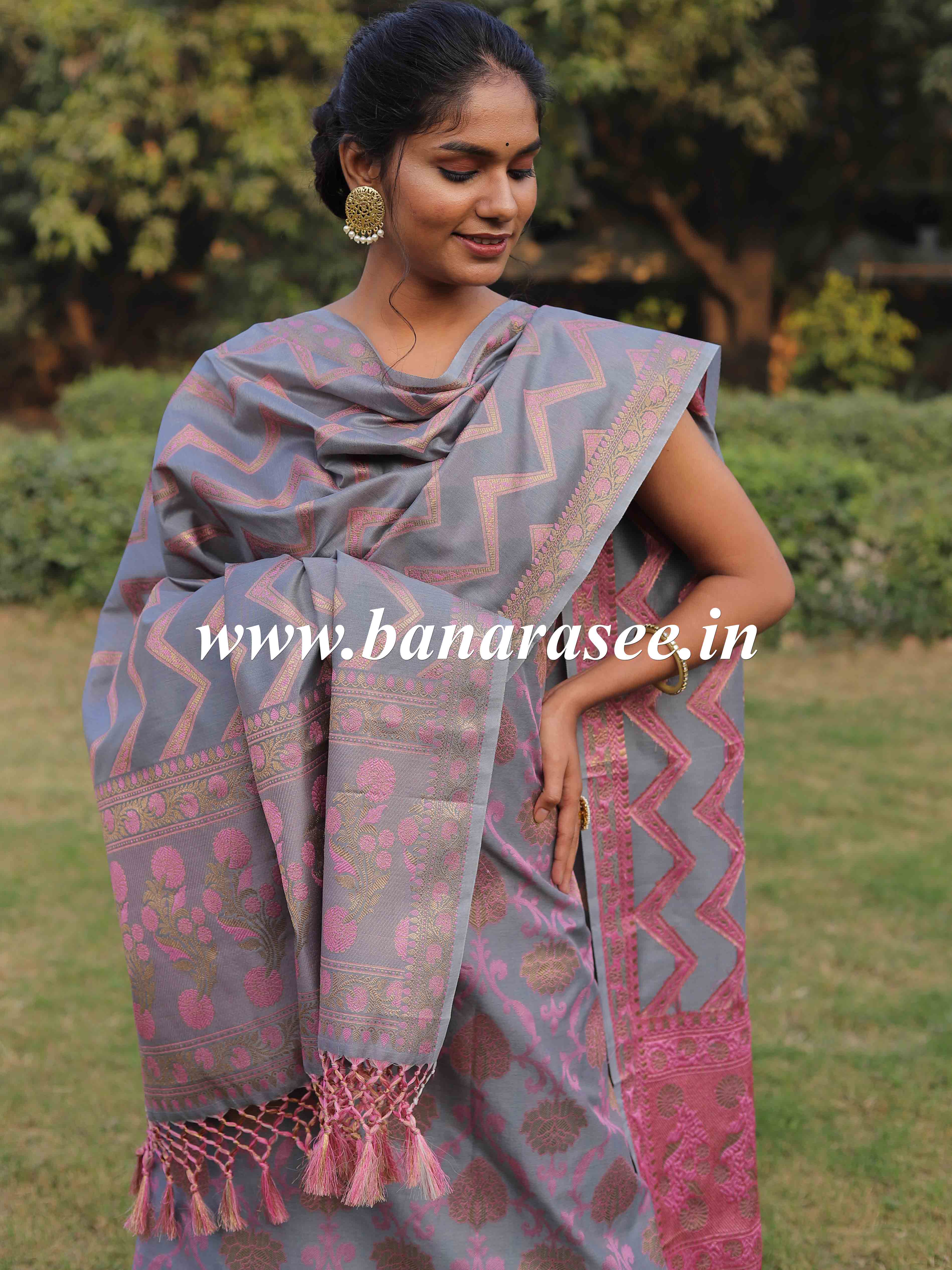 Banarasee Semi-Silk Salwar Kameez Fabric With Meena Design-Grey