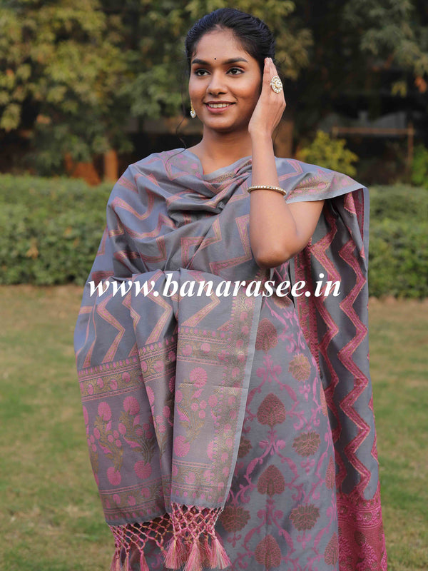 Banarasee Semi-Silk Salwar Kameez Fabric With Meena Design-Grey