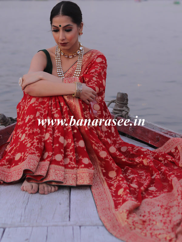 Banarasee Faux Khaddi Georgette Saree With Zari & Resham Work-Red