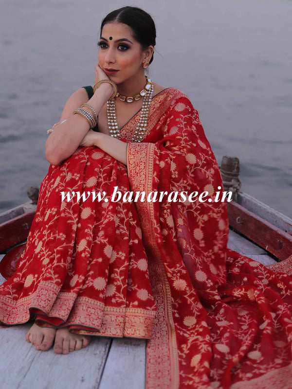 Banarasee Faux Khaddi Georgette Saree With Zari & Resham Work-Red