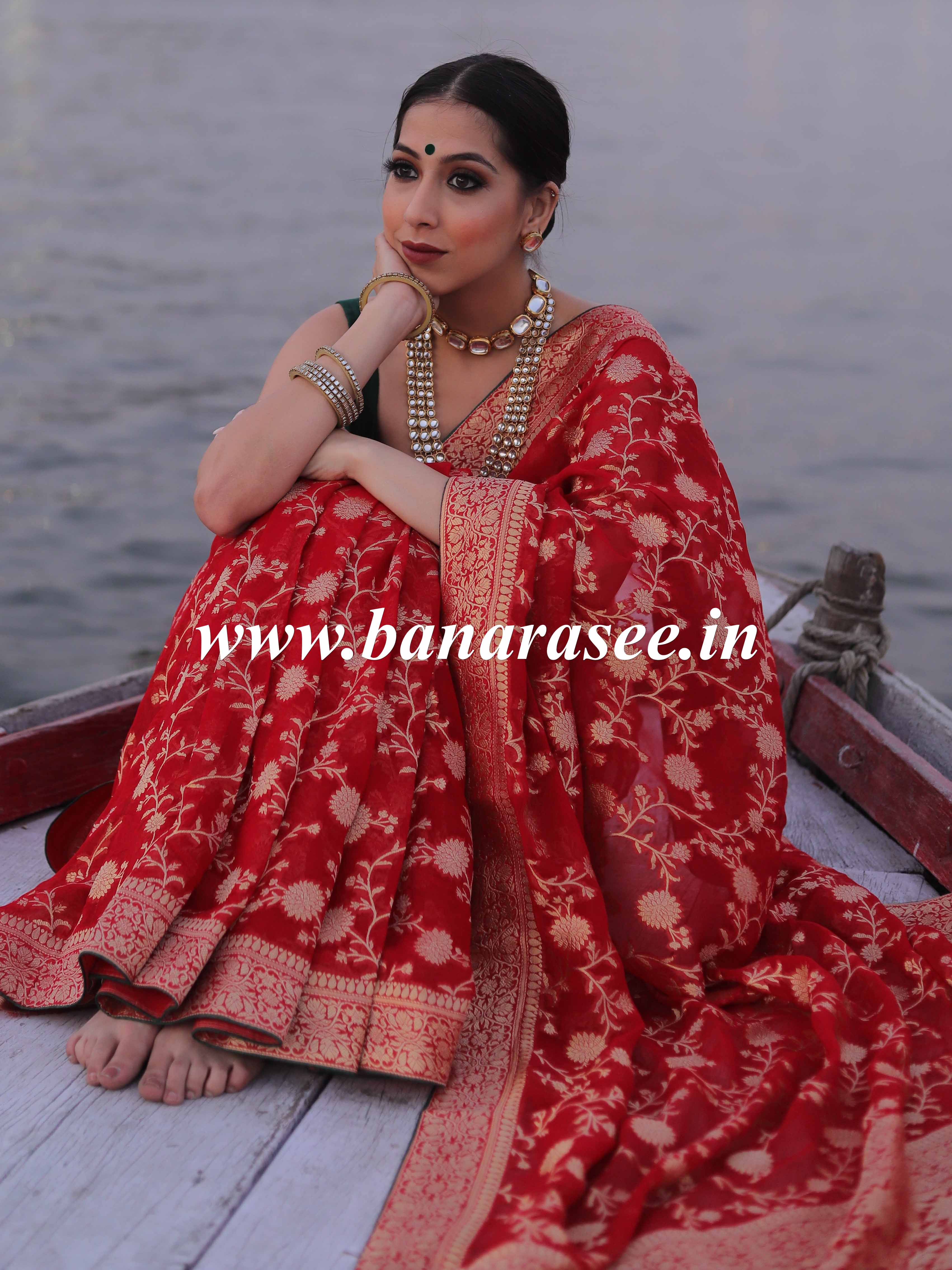 Banarasee Faux Khaddi Georgette Saree With Zari & Resham Work-Red