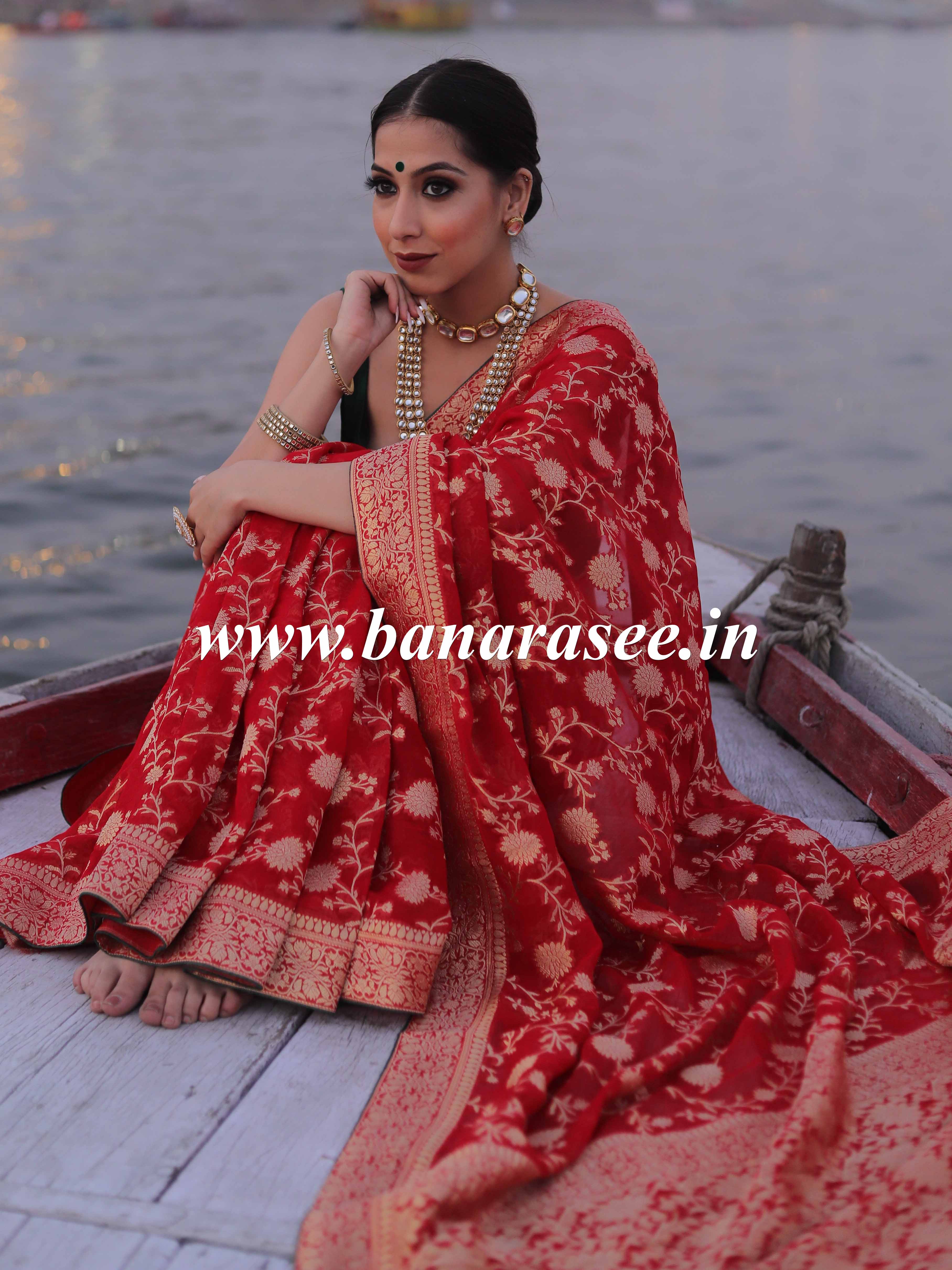 Banarasee Faux Khaddi Georgette Saree With Zari & Resham Work-Red