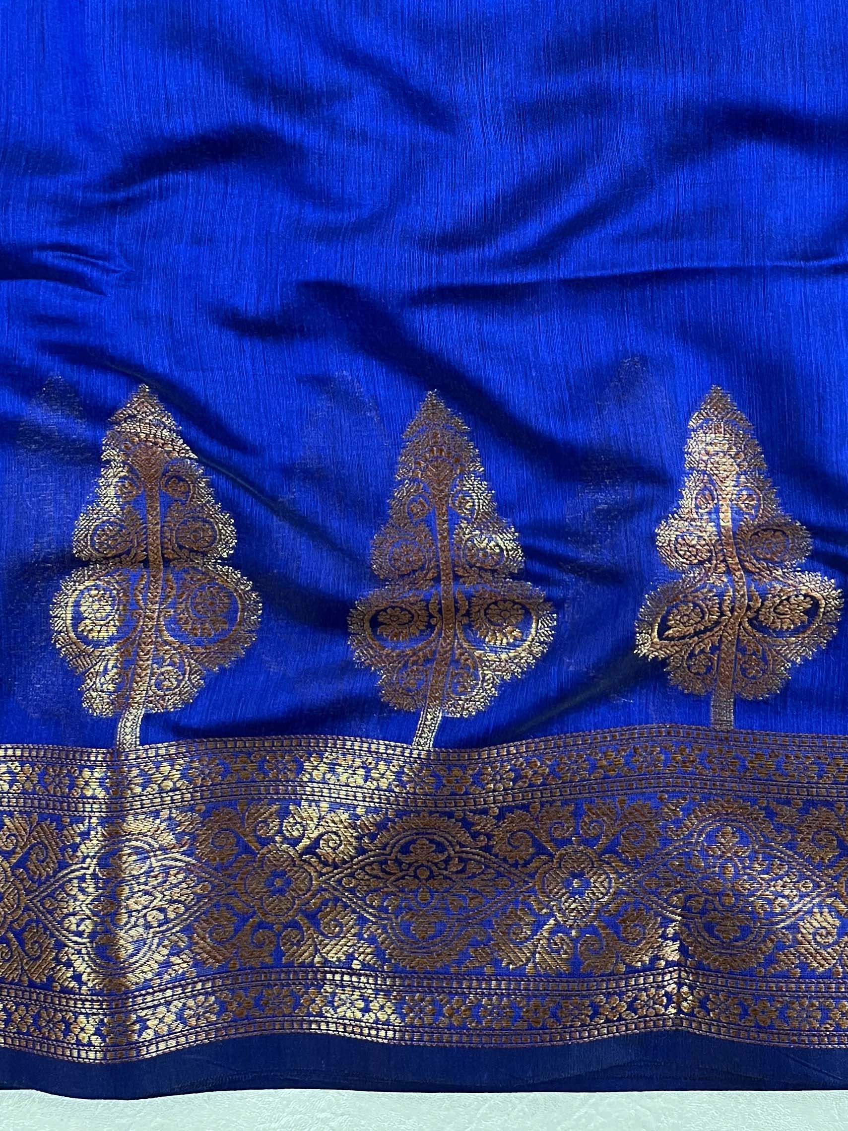 Banarasee Handwoven Pure Silk Cotton Saree With Antique Zari Buti & Border-Blue