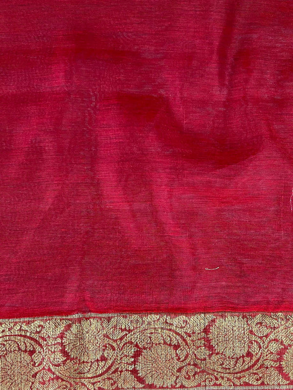 Banarasee Handwoven Pure Silk Cotton Saree With Antique Zari Buti & Border-Red
