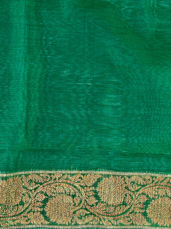 Banarasee Handwoven Pure Silk Cotton Saree With Antique Zari Buti & Border-Green