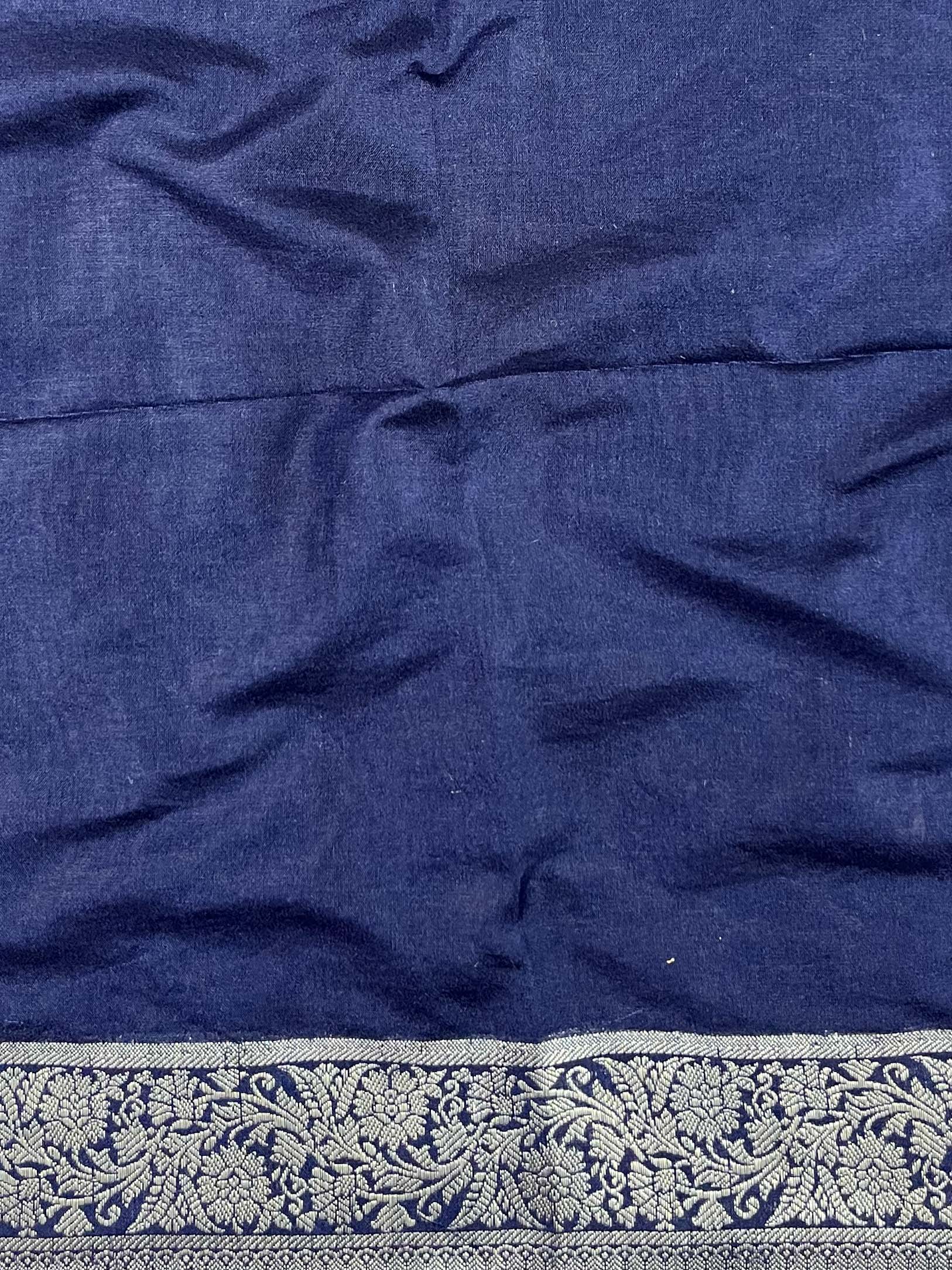 Banarasee Handwoven Semi-Chiffon Saree With Silver Zari Buta & Border-Blue