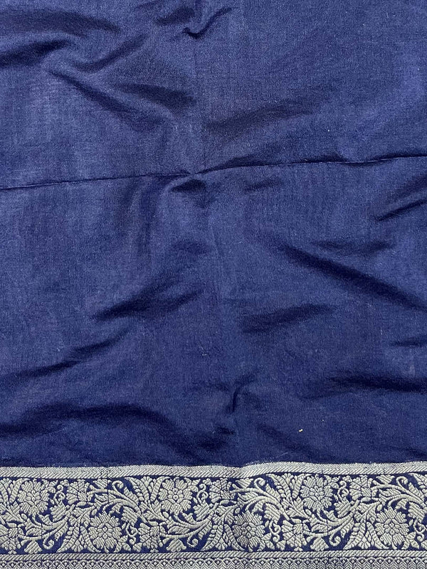Banarasee Handwoven Semi-Chiffon Saree With Silver Zari Buta & Border-Blue