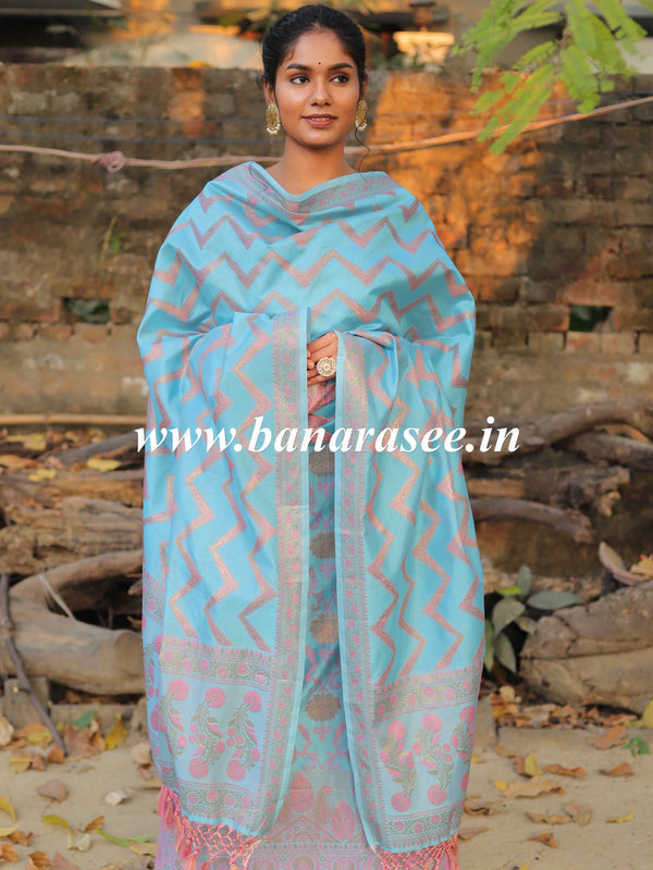 Banarasee Semi-Silk Salwar Kameez Fabric With Meena Design-Blue