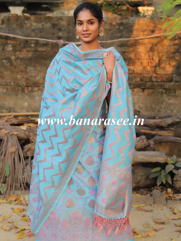 Banarasee Semi-Silk Salwar Kameez Fabric With Meena Design-Blue