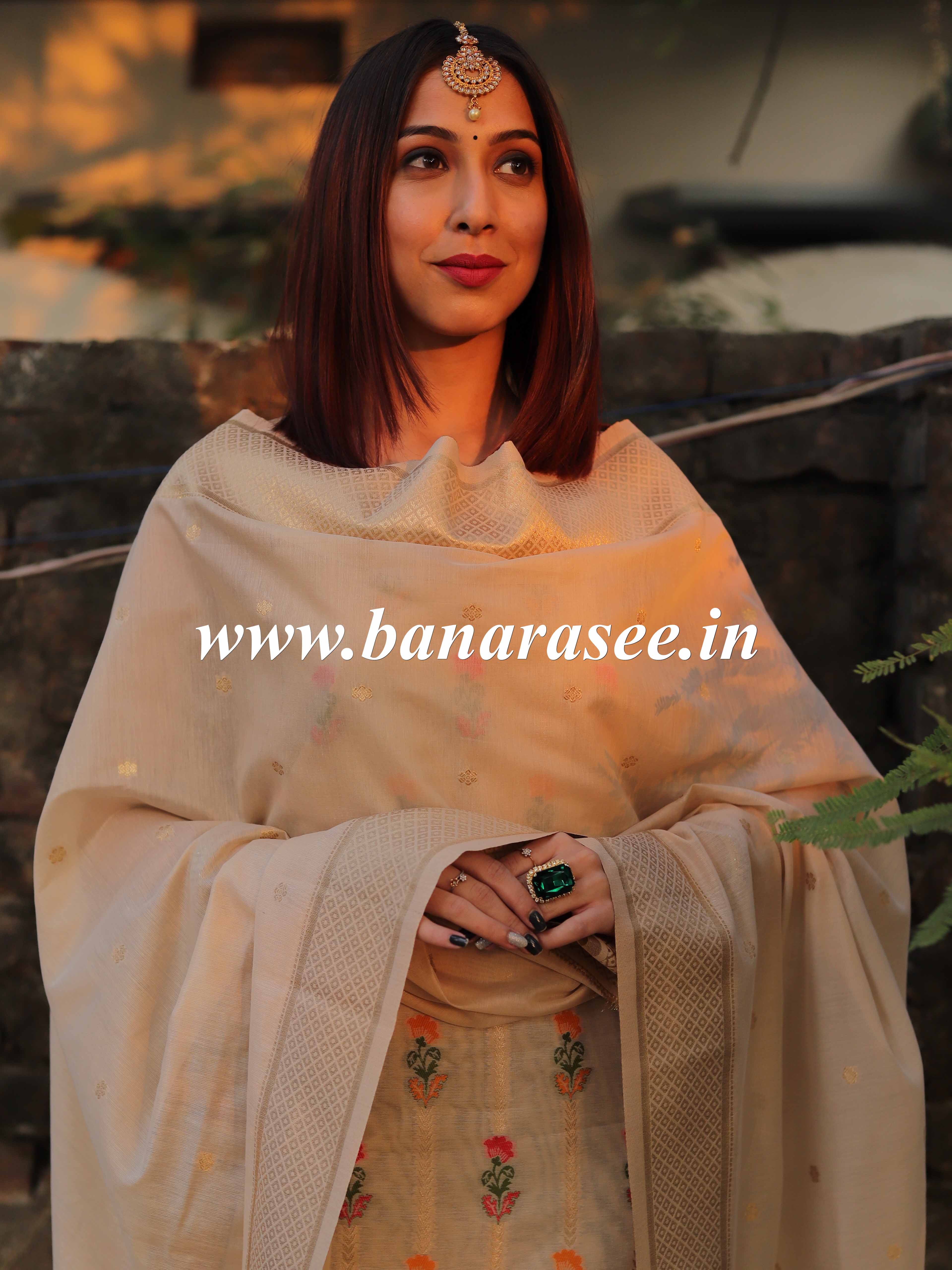 Banarasee Handloom Chanderi Salwar Kameez Fabric With Meena Design-Beige