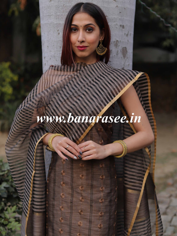 Banarasee Ghichha Embroidery Cotton Silk Salwar Kameez Fabric-Brown