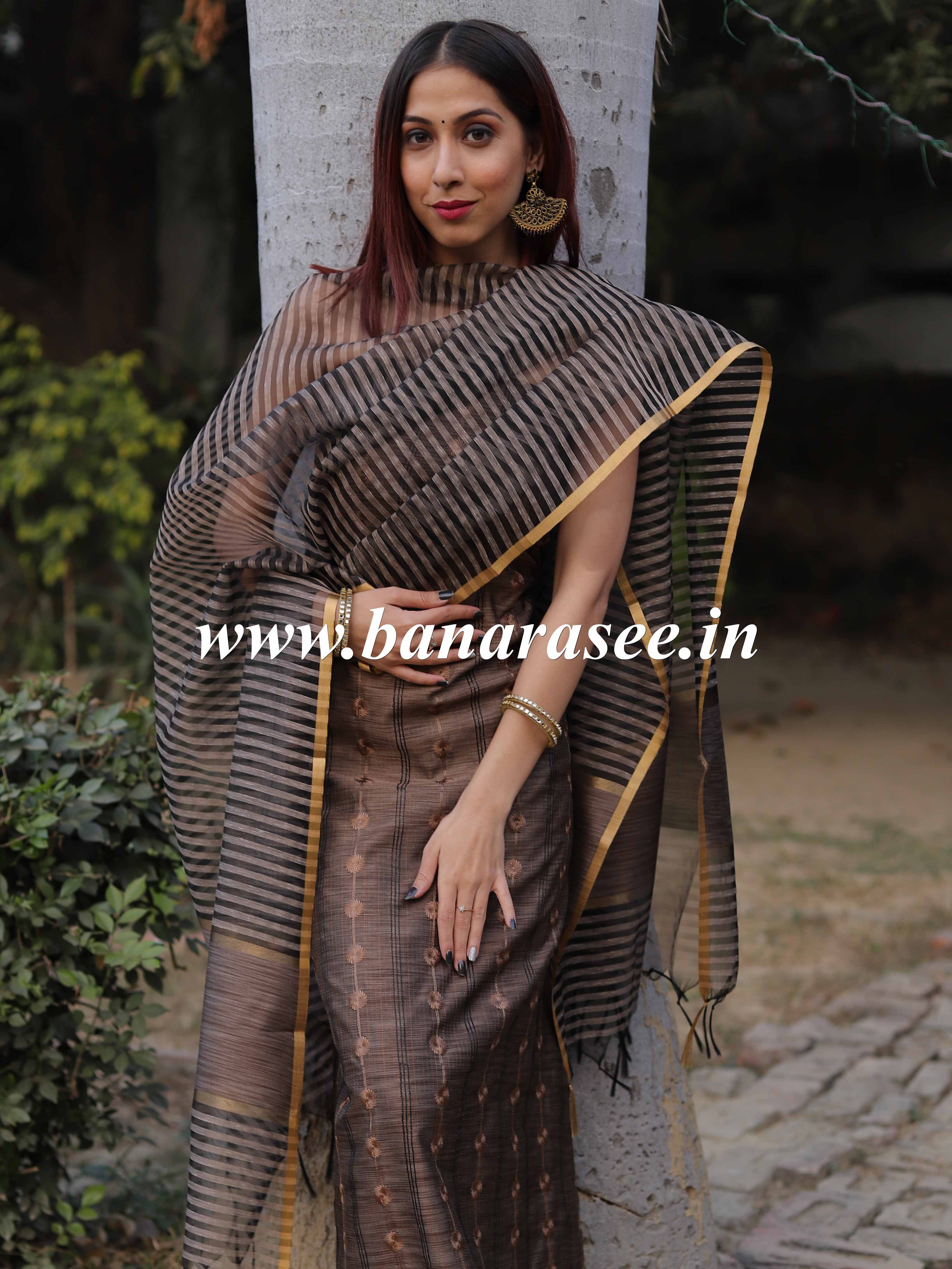 Banarasee Ghichha Embroidery Cotton Silk Salwar Kameez Fabric-Brown