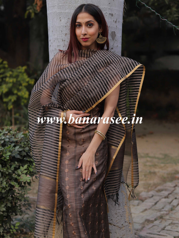 Banarasee Ghichha Embroidery Cotton Silk Salwar Kameez Fabric-Brown