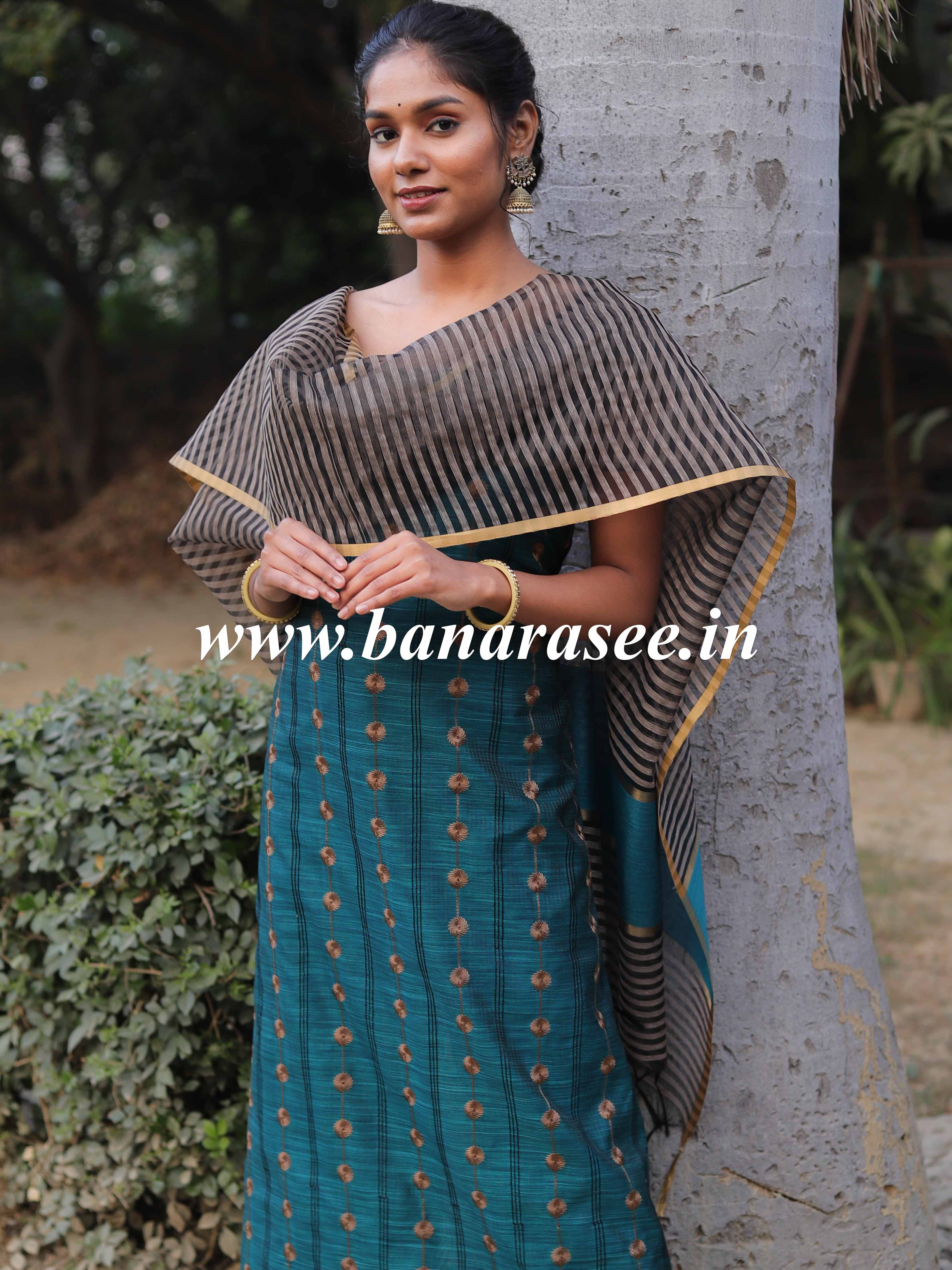 Banarasee Ghichha Embroidery Cotton Silk Salwar Kameez Fabric-Rama Green