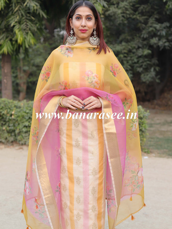 Banarasee Handwoven Chanderi Salwar Kameez Fabric With Organza Dupatta-Beige