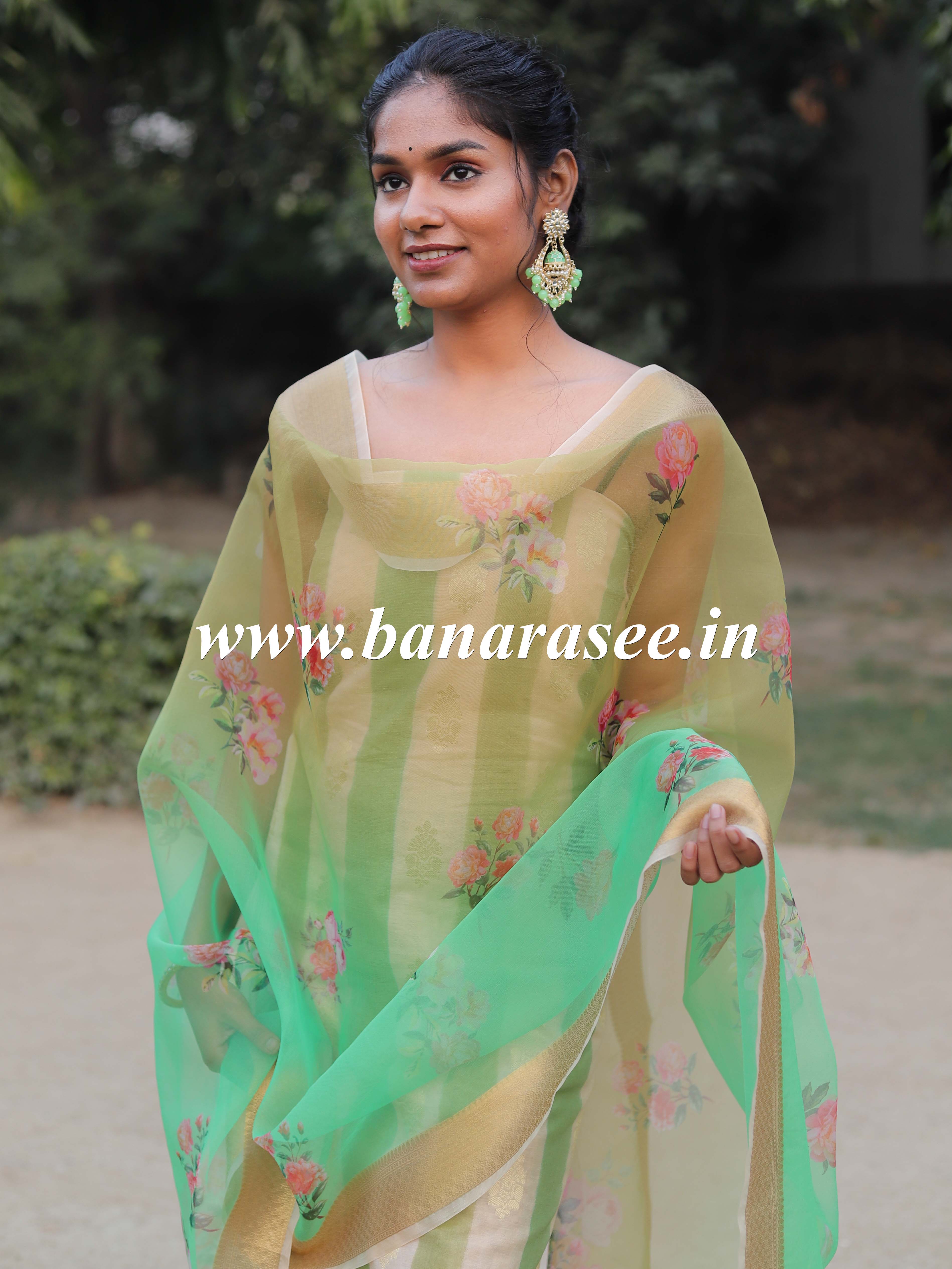 Banarasee Handwoven Chanderi Salwar Kameez Fabric With Organza Dupatta-Beige