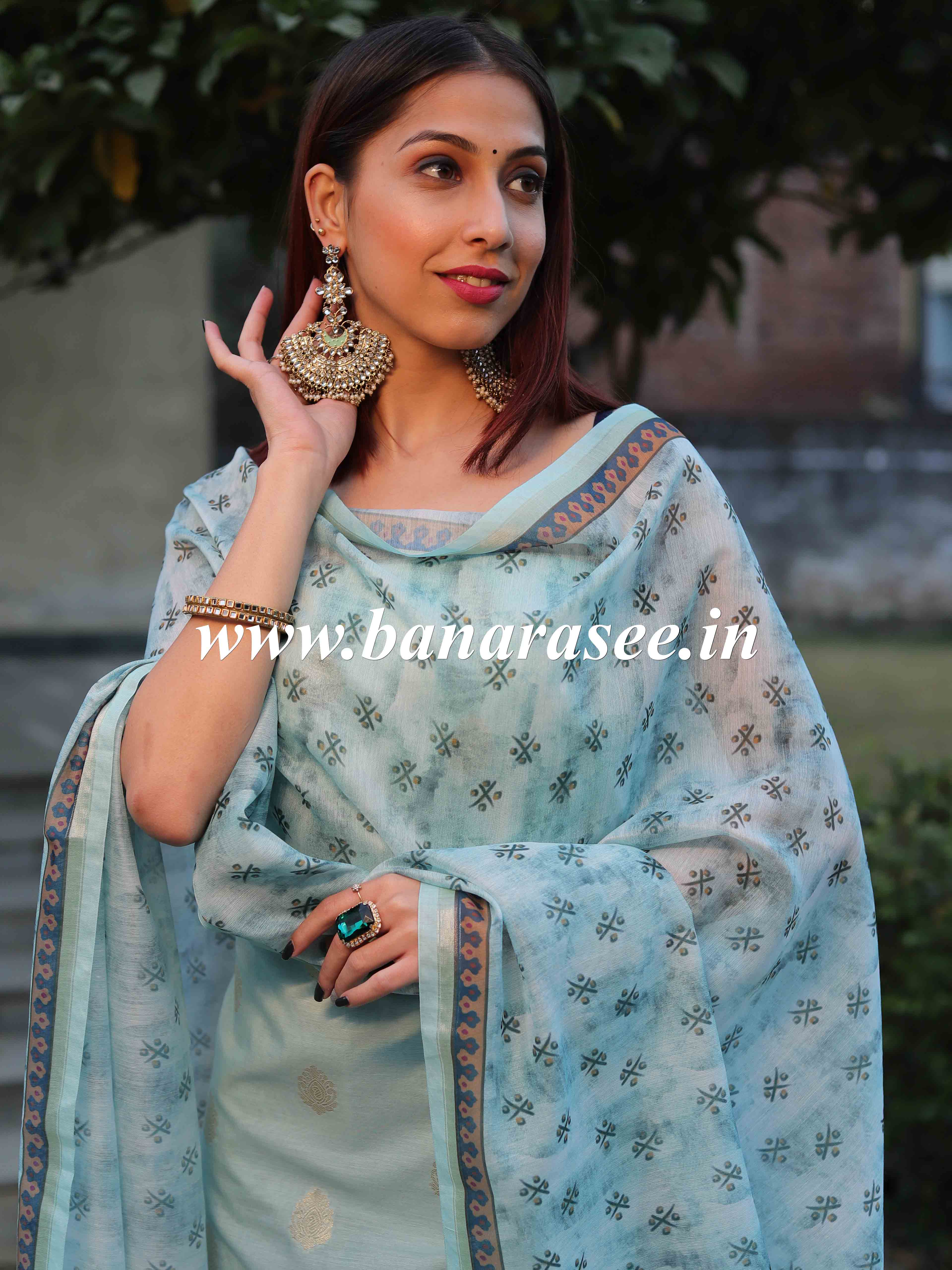 Banarasee Chanderi Silk Zari Buti Salwar Kameez Fabric With Digital Print Dupatta-Blue