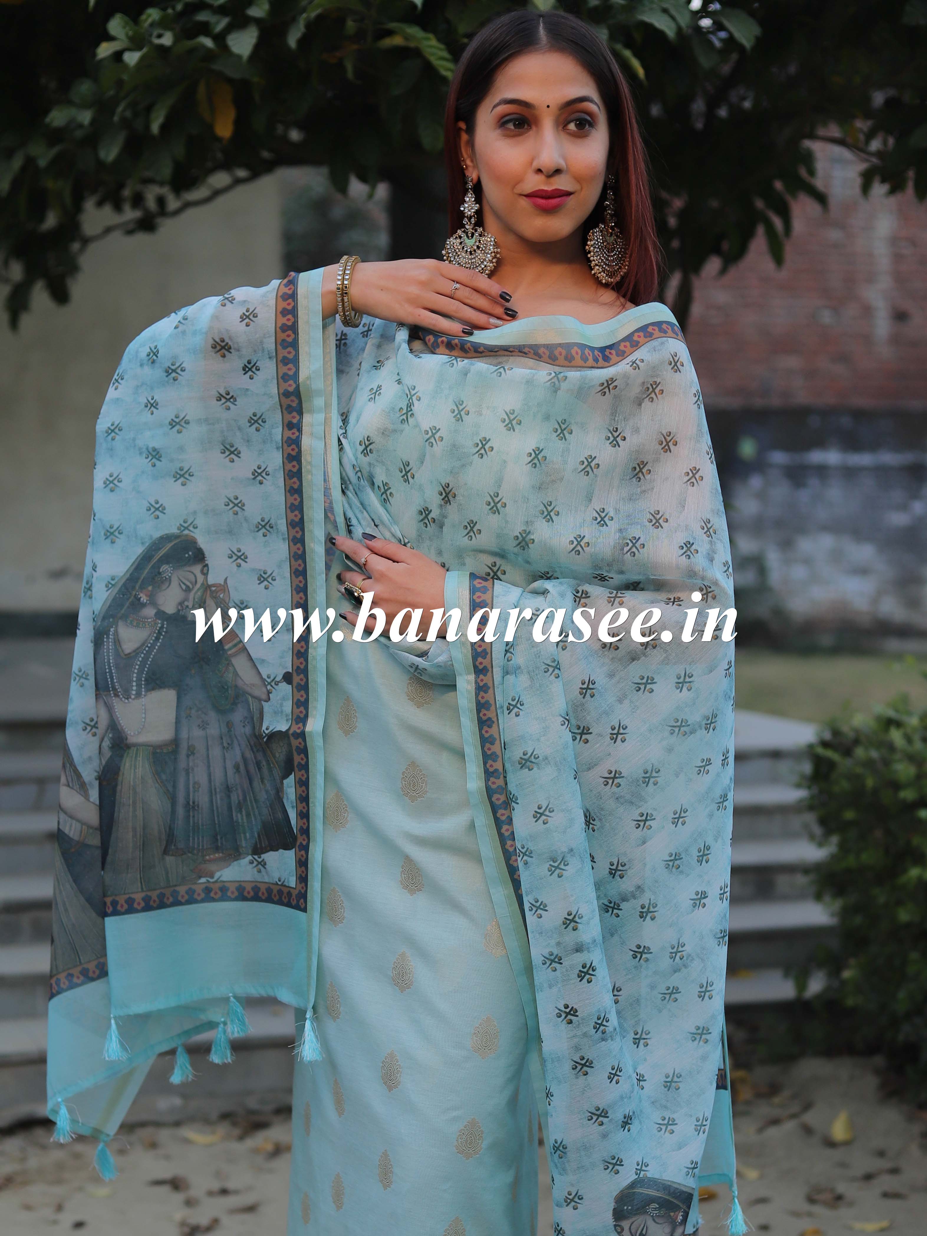 Banarasee Chanderi Silk Zari Buti Salwar Kameez Fabric With Digital Print Dupatta-Blue