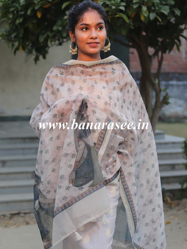 Banarasee Chanderi Silk Zari Buti Salwar Kameez Fabric With Digital Print Dupatta-Grey