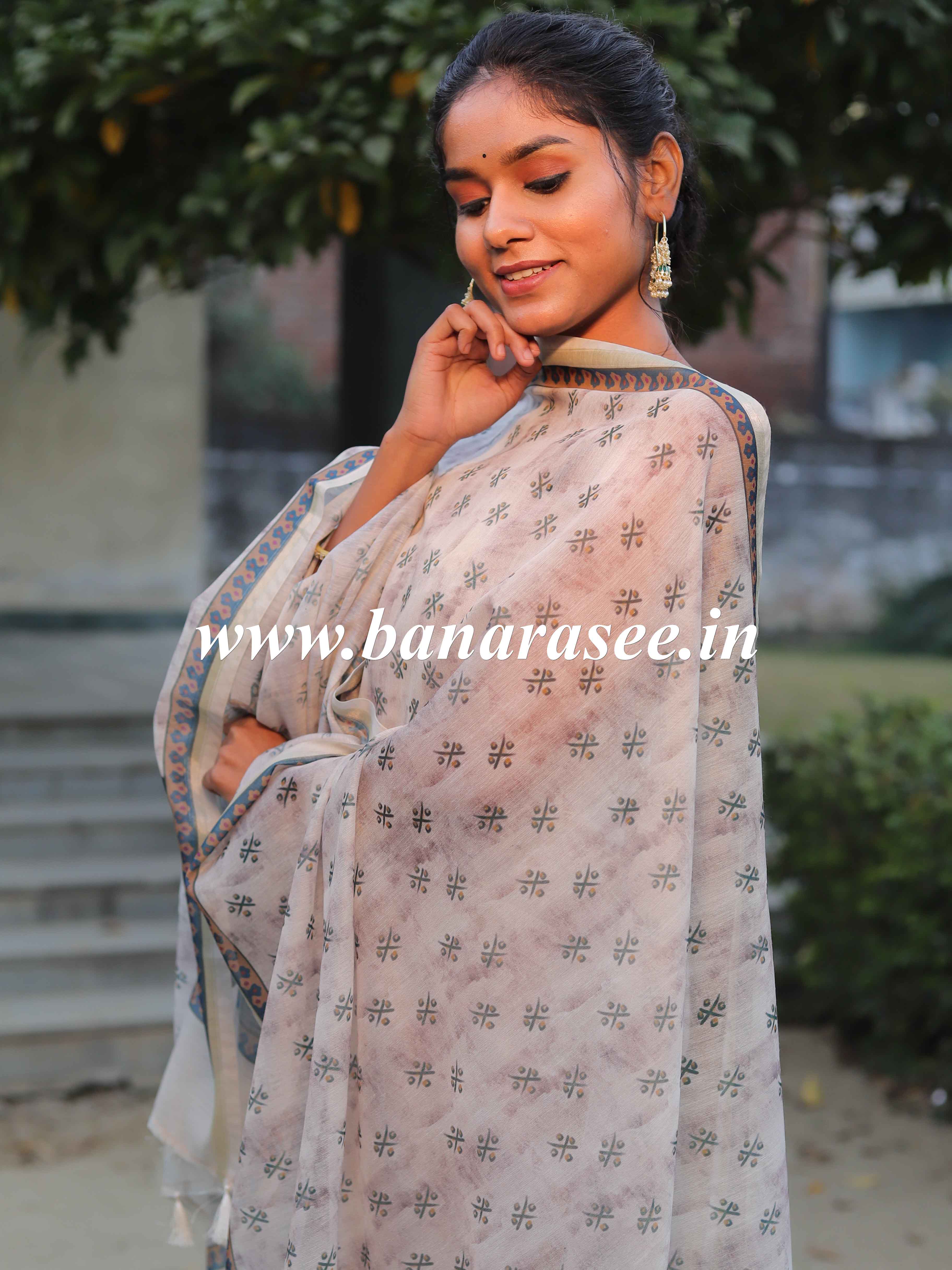 Banarasee Chanderi Silk Zari Buti Salwar Kameez Fabric With Digital Print Dupatta-Grey