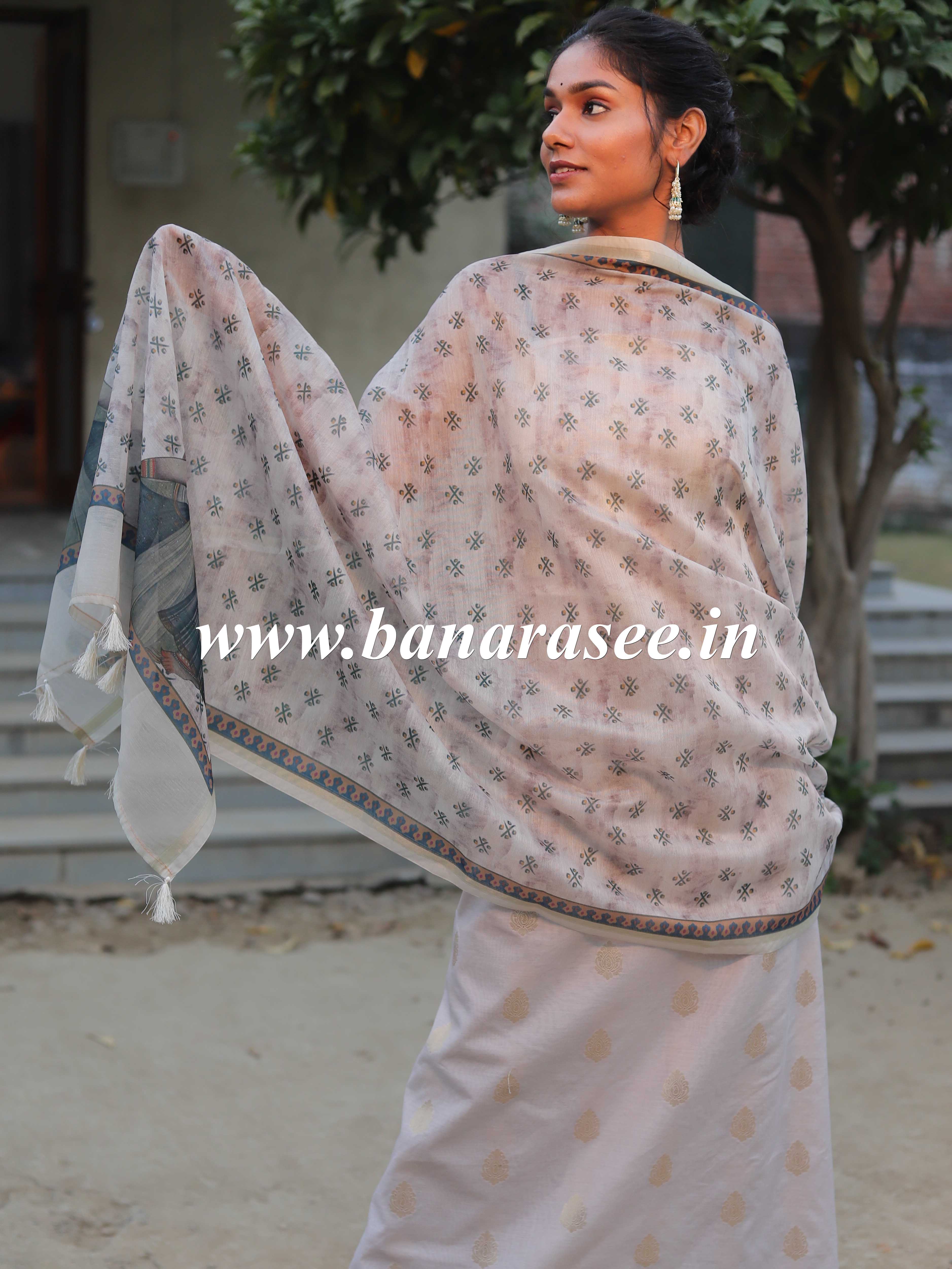 Banarasee Chanderi Silk Zari Buti Salwar Kameez Fabric With Digital Print Dupatta-Grey
