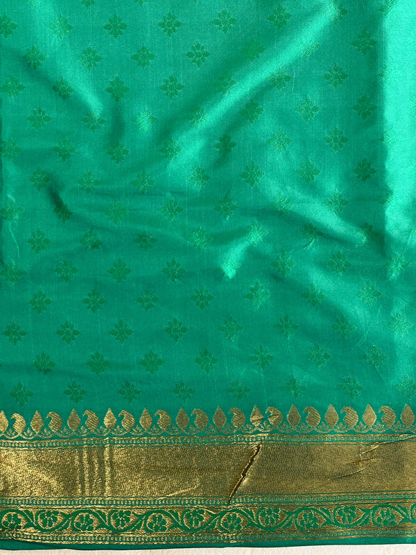 Banarasee Handwoven Semi-Katan Zig-Zag Design Saree-Green