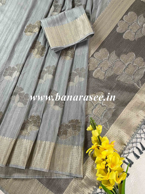 Banarasee Handwoven Semi-Tussar Silk Saree-Grey