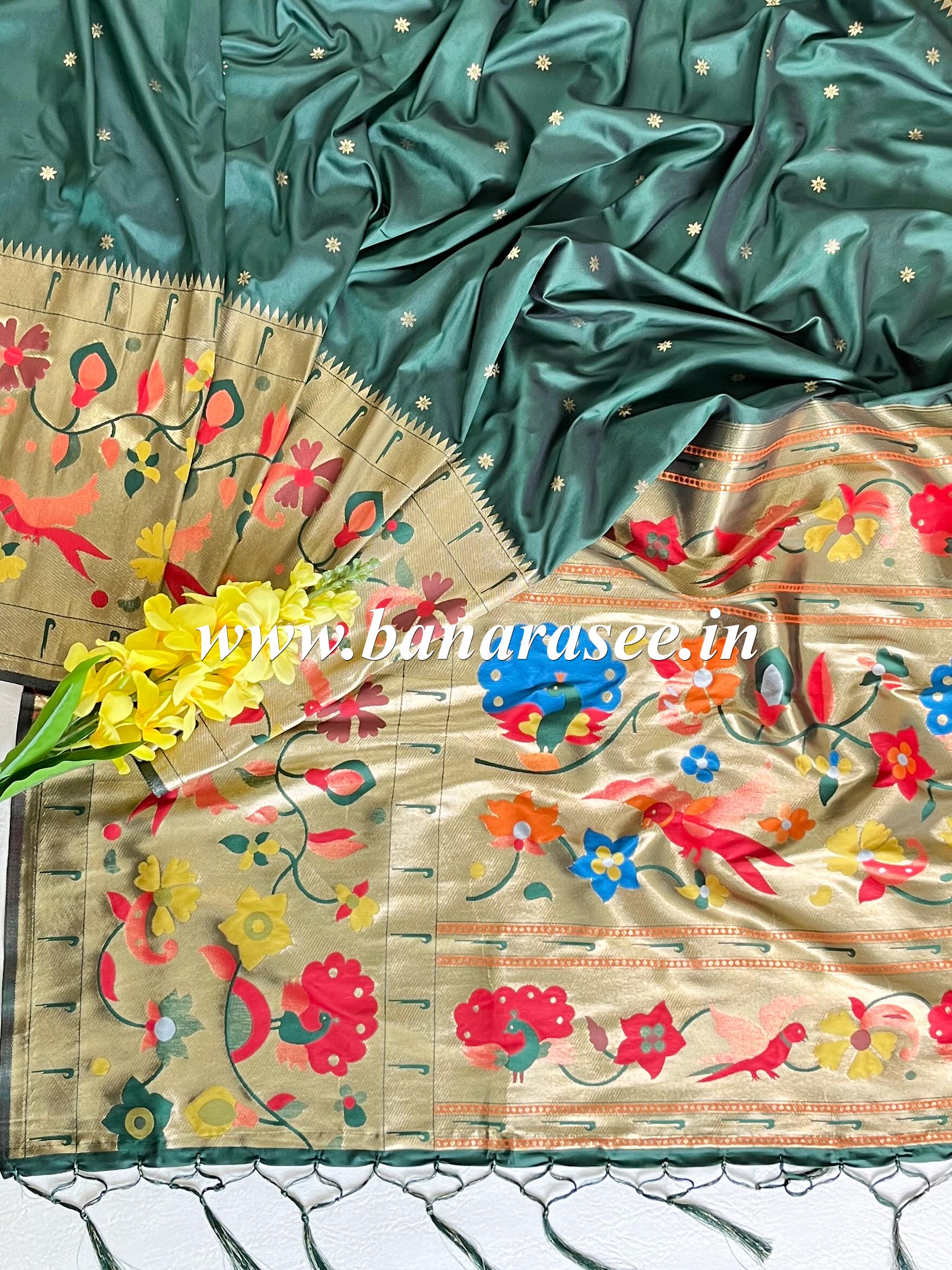 Banarasee Art Silk Saree with Zari Paithani-Deep Green