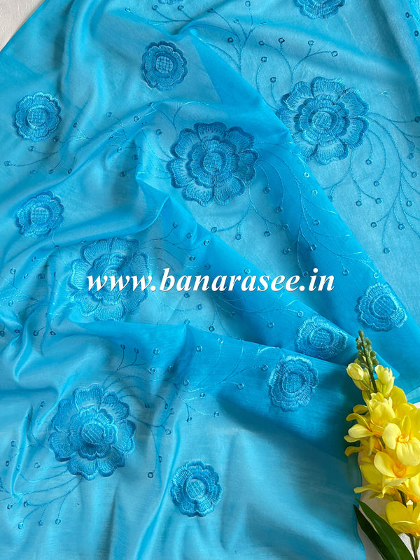 Banarasee Cotton Silk Embroidered Floral Design Dupatta-Blue