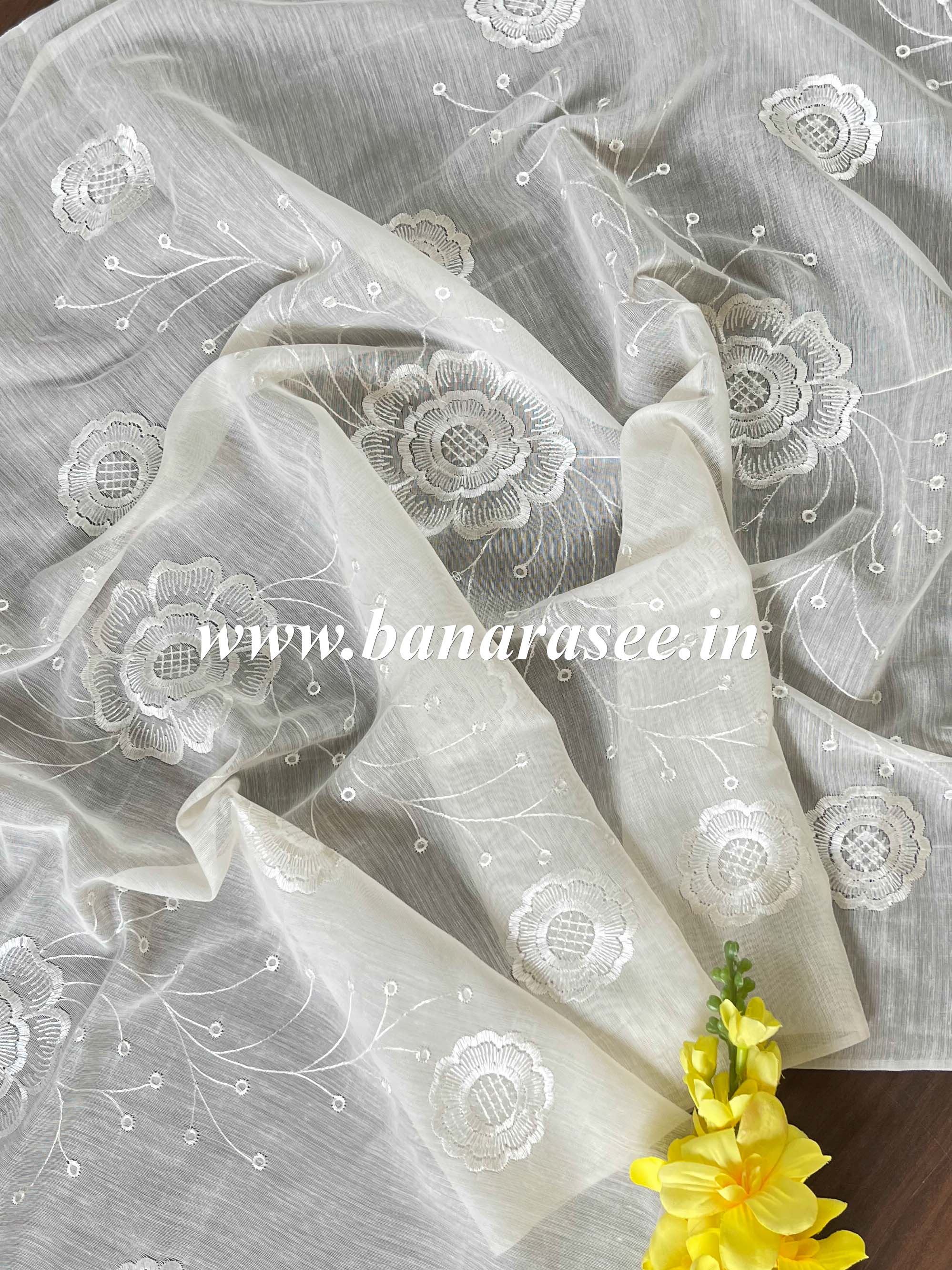 Banarasee Cotton Silk Embroidered Floral Design Dupatta-White