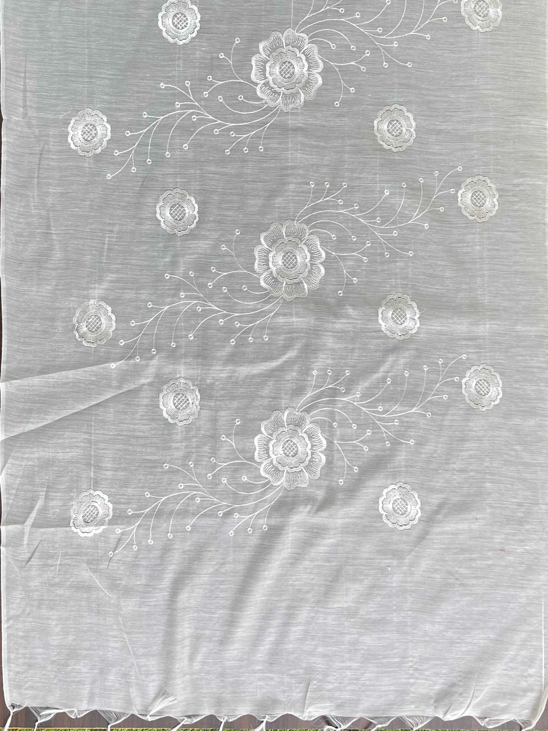 Banarasee Cotton Silk Embroidered Floral Design Dupatta-White