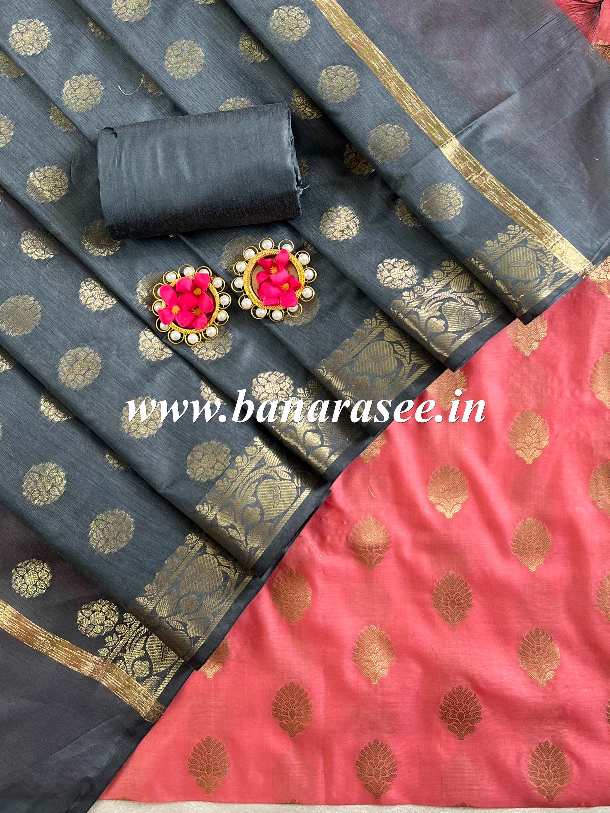 Banarasee Chanderi Cotton Buta Design Salwar Kameez Fabric With Contrast Dupatta-Pink & Grey