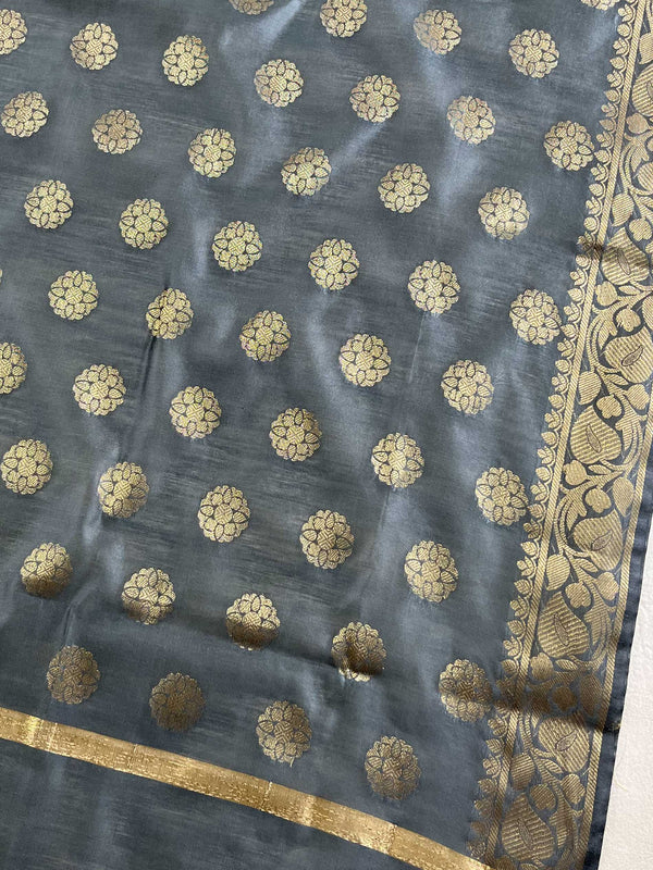 Banarasee Chanderi Cotton Buta Design Salwar Kameez Fabric With Contrast Dupatta-Pink & Grey