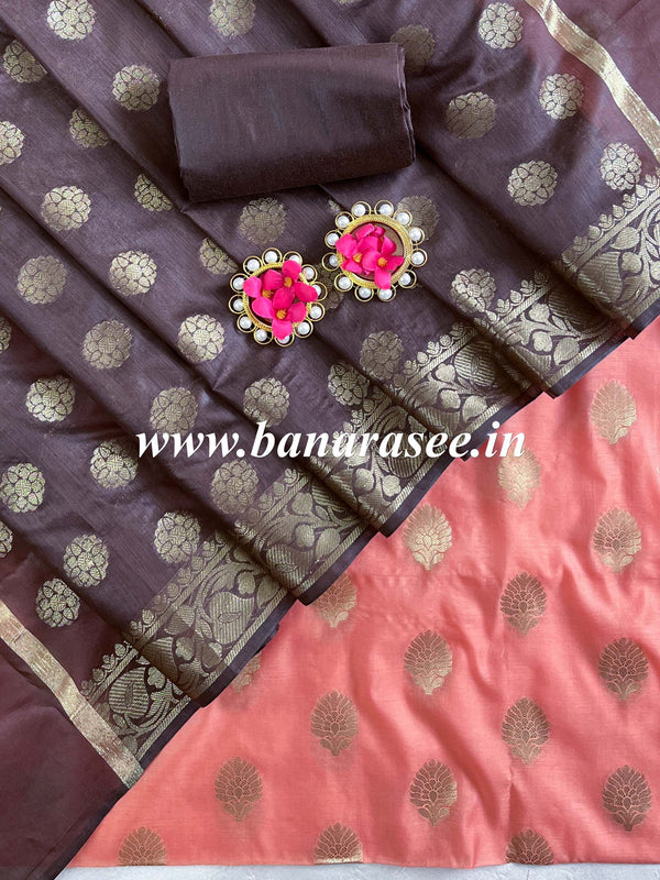 Banarasee Chanderi Cotton Buta Design Salwar Kameez Fabric With Contrast Dupatta-Peach & Brown