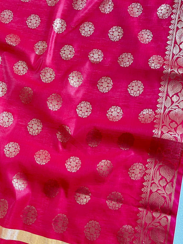 Banarasee Chanderi Cotton Buta Design Salwar Kameez Fabric With Contrast Dupatta-Grey & Pink