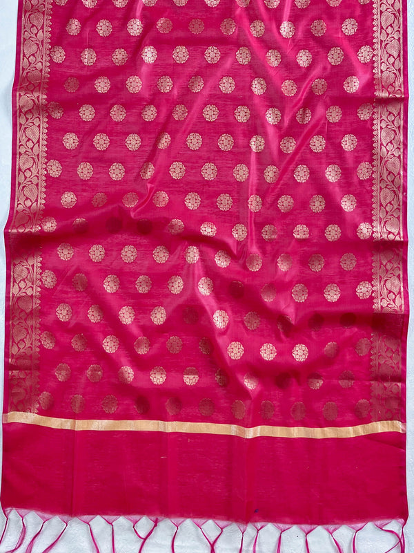 Banarasee Chanderi Cotton Buta Design Salwar Kameez Fabric With Contrast Dupatta-Yellow &  Pink